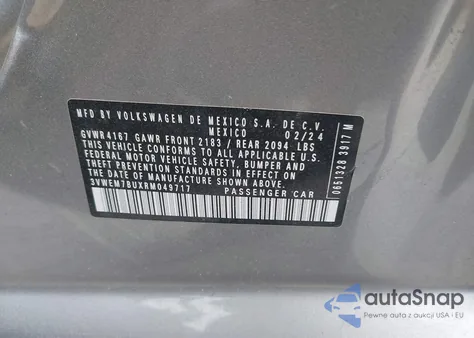 2024 Volkswagen Jetta 1.5T Se z USA, uszkodzony, nr VIN 3VWEM7BUXRM049717